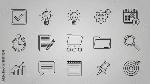 Essential thin line business icons for modern project management toolkit