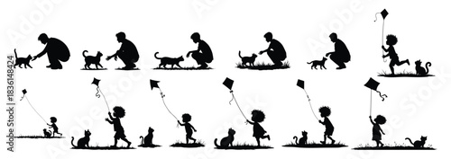 Black silhouettes of children and adults interacting with cats and flying kites
