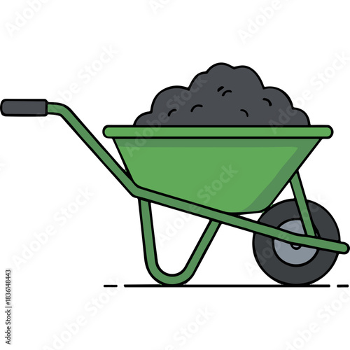Green Wheelbarrow Filled With Dark Soil Outdoors On A Transparent Background Garden Tool For Transporting Materials Construction Equipment Agriculture Supply