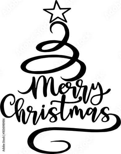 Minimalist Monoline Christmas Tree Logo and Merry Christmas Calligraphy