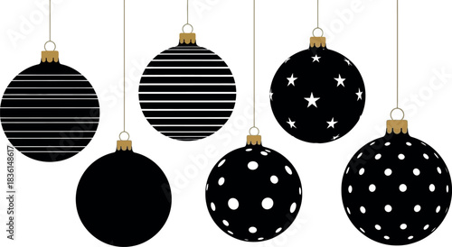 Elegant set of black and white christmas baubles, minimalist