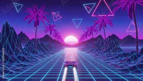 Drive into the vibrant sunset with this retro futuristic neon landscape