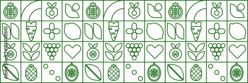 Geometric fruit  pattern with mosaic lemon carrot melon apple raspberry line elements.