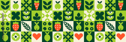 Geometric pattern lemon carrot and apple strawberry with a fruit mosaic.