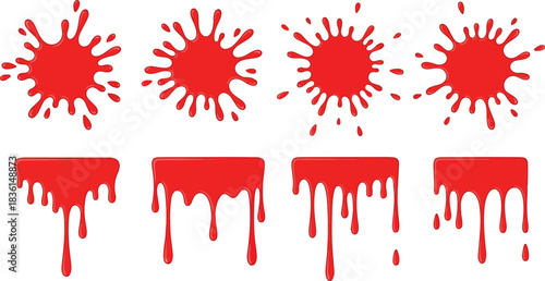 Collection of red splash elements including paint marks, sauce blobs and blood-style splat shapes in a clean vector illustration eps