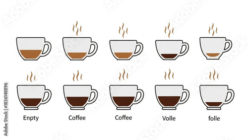 Coffee cup fill levels showing different drink quantities in a vector illustration