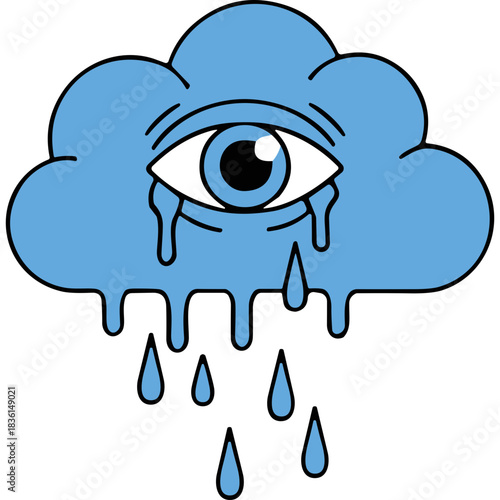 Illustration Of A Blue Cloud Crying With An Eye In The Center Against A Black Background