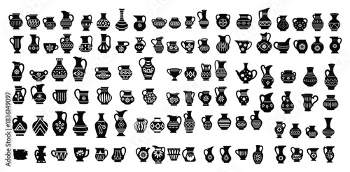Collection of black ceramic pottery silhouettes with decorative patterns