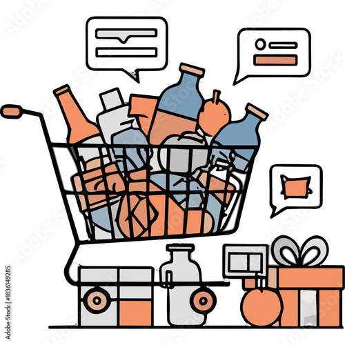 Illustration of a shopping cart overflowing with various bottles and containers symbolizing grocery shopping and consumerism with a small gift box and an apple nearby on a light background