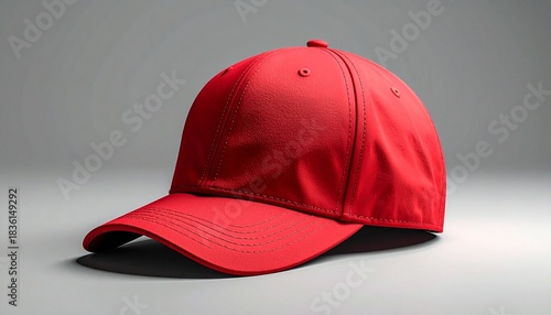 “Bright red baseball cap with curved brim, structured front panels, ventilation holes, and adjustable strap on neutral surface with soft gradient background”