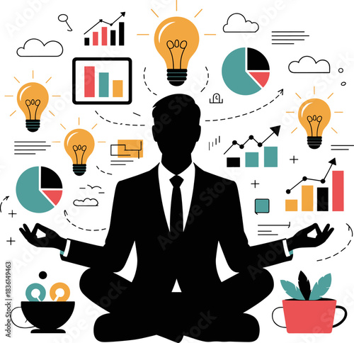 Corporate Mindfulness: Executive Silhouette Meditating for Strategic Clarity, surrounded by Financial Growth Charts, Creative Light Bulbs, and Business Data Analysis Vector Concept.