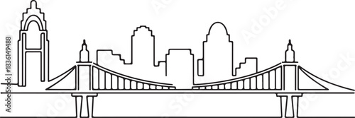 Continuous line illustration of the Cincinnati skyline with the Roebling Bridge in a minimal elegant outline drawing