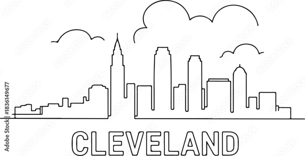 Fototapeta premium Continuous line illustration of the Cleveland skyline in a smooth block outline minimal elegant drawing