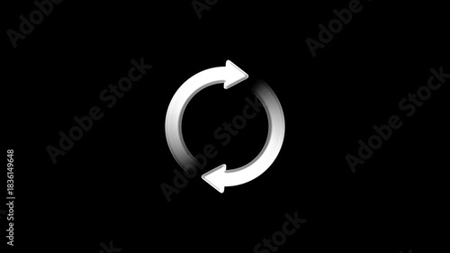 White rotating refresh arrows animation on black background, looped update symbol, reload icon, circular sync rotation element for video editing