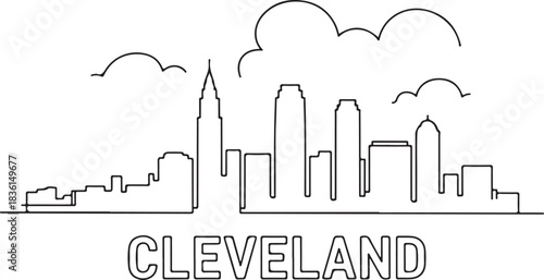 Continuous line illustration of the Cleveland skyline in a smooth block outline minimal elegant drawing