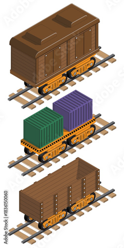 Set of railway carriages. Isometric. Isolated on white background. Vector illustration.