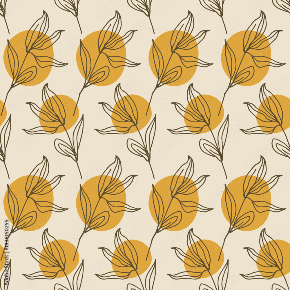 Obraz premium Seamless Floral Pattern with Mustard Yellow Circles and Line Art Leaves for Textile and Background Design