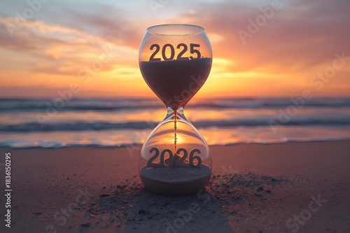 Photorealistic Beach Sunset Hourglass Showing Transition From 2025 to 2026 With Falling Sand and Ocean Horizon