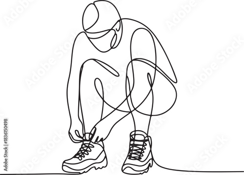 Continuous Line Art Illustration of a Figure Lacing Up Hiking Boots in Soft Sketchy Contour