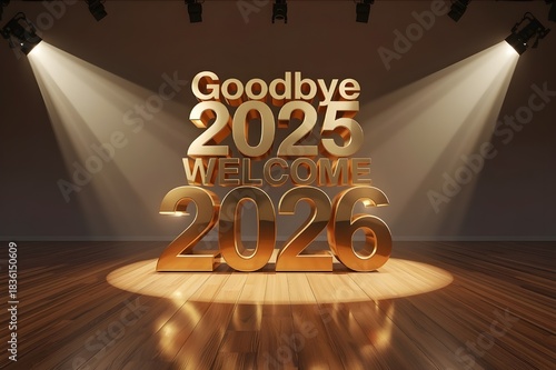 Photorealistic Polished Gold 3D Typography Saying “Goodbye 2025, Welcome 2026” on Spotlighted Stage with Reflective Hardwood Floor and Cinematic Volumetric Lighting
