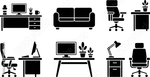 Collection of modern office furniture and workstations in silhouette style