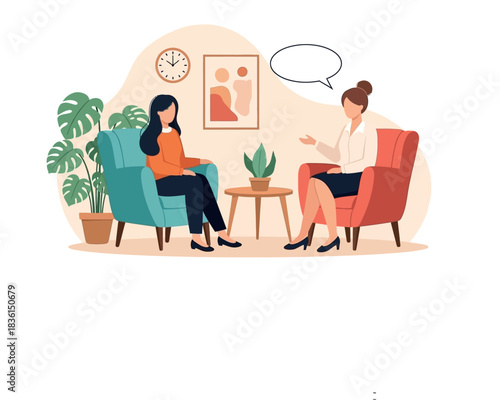 Two women discussing in a professional office or therapy setting