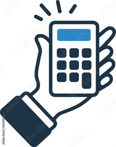 Hand holding a calculator with a bright screen and radiating lines