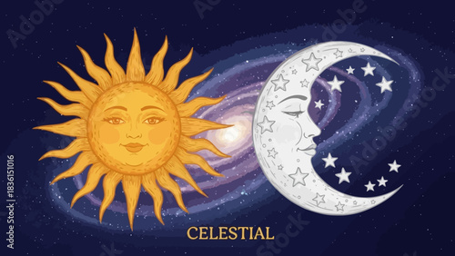 The sun and moon appear as celestial bodies against a starry galaxy background.