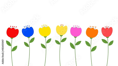 A row of six colorful cartoon flowers with green stems and leaves stands against a white background.
