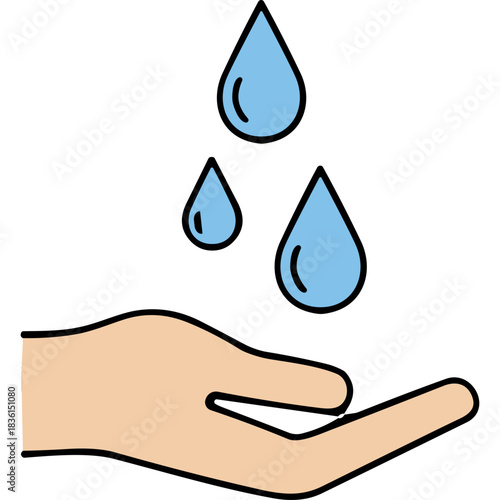 Illustration Of A Tan Hand Cupping To Catch Falling Blue Water Droplets On A Black Background Symbolizing Hygiene And Cleansing