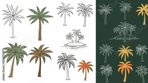 A collection of diverse illustrations of palm trees in various styles and colors.
