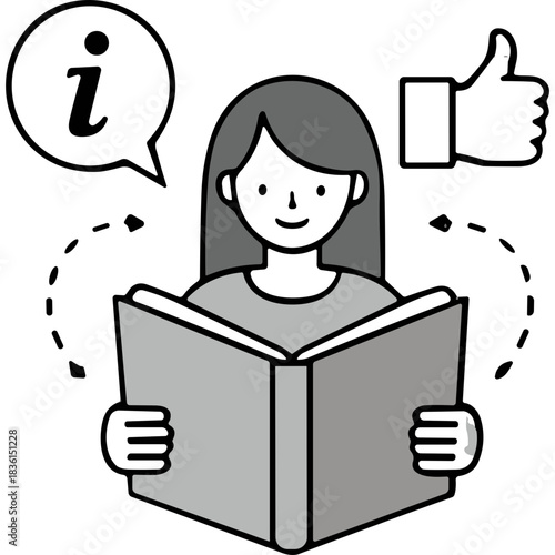 Illustration of a young woman with long hair reading an open book with a thought bubble containing the letter i and a thumbs up icon above her head on a black background
