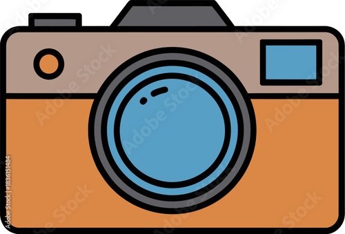 Simple illustration of a vintage style camera with orange body and blue lens