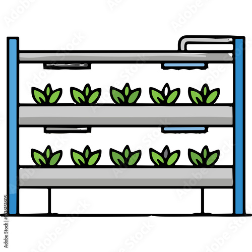 Indoor Vertical Farming System with Rows of Healthy Green Seedlings Under Artificial Light on Shelves and Blue Frame Providing Sustainable Agriculture Technology