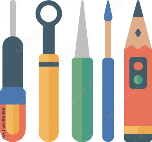 Collection of dental instruments and a pencil on a light background