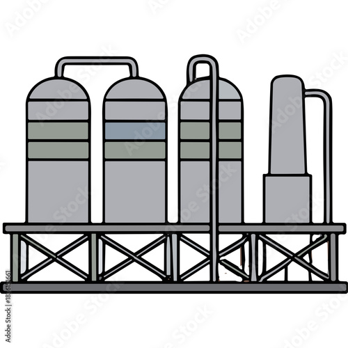 Industrial Chemical Storage Tanks and Processing Equipment on a Steel Platform Against a Dark Background