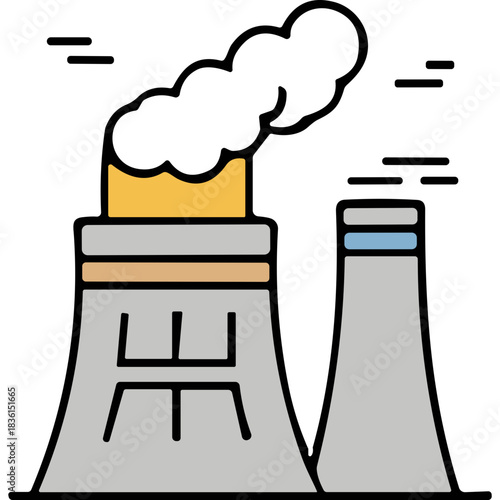 Industrial Cooling Towers Emitting Steam Under Yellow And Blue Sky With Minimalist Icon Style On Black Background