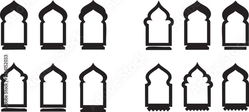 Black silhouette Islamic archway variations on white vector illustration