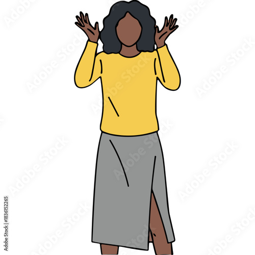 Illustration of a Woman in a Yellow Long Sleeve Shirt and Gray Skirt with Arms Raised in Confusion or Surprise Against a Black Background