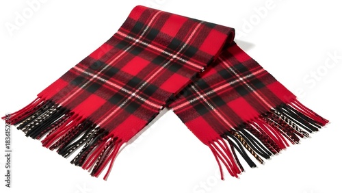 Red plaid wool scarf with black and white accents, fringed ends, laying flat
