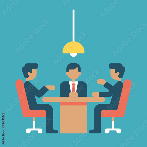 Three businessmen in suits meeting around a table in a modern office