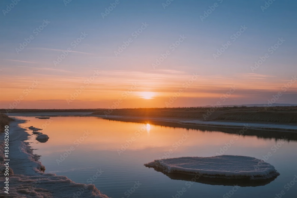 Fototapeta premium Sunset over a calm river with ice formations reflecting golden light