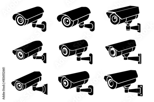 Set of CCTV camera silhouette vector illustration