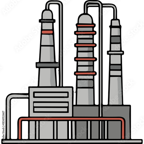 Industrial Chemical Processing Plant With Distillation Towers And Pipes Under A Dark Sky Conceptual Vector Illustration