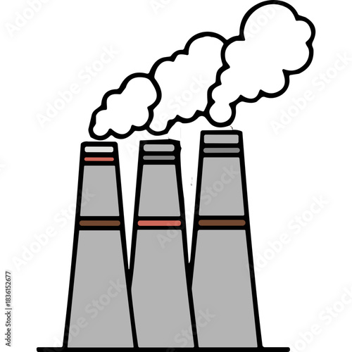 Industrial Cooling Towers Emitting White Steam Against a Dark Background Representing Power Generation and Environmental Impact
