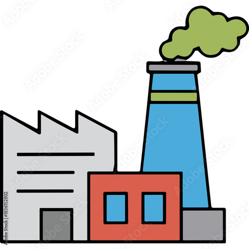 Industrial Factory Building With Tall Smokestack Emitting Green Smoke Against Black Background Simple Flat Design Illustration