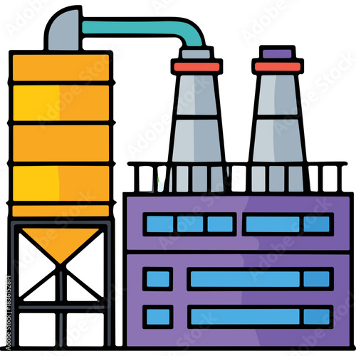 Industrial Factory Building With Tall Silo And Twin Chimneys Under Bright Daytime Lighting And Blue Sky Background Industrial Manufacturing Plant Exterior View