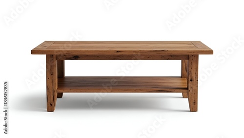 Wooden coffee table with lower shelf on a white background, showcasing grain detail