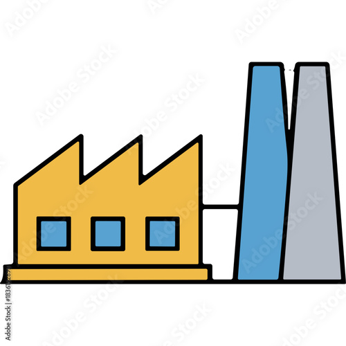 Industrial Factory Building With Yellow Facade And Tall Blue And Grey Chimneys Against A Black Background Simple Vector Illustration