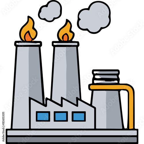 Industrial Factory With Two Tall Chimneys Emitting Smoke Under A Black Background